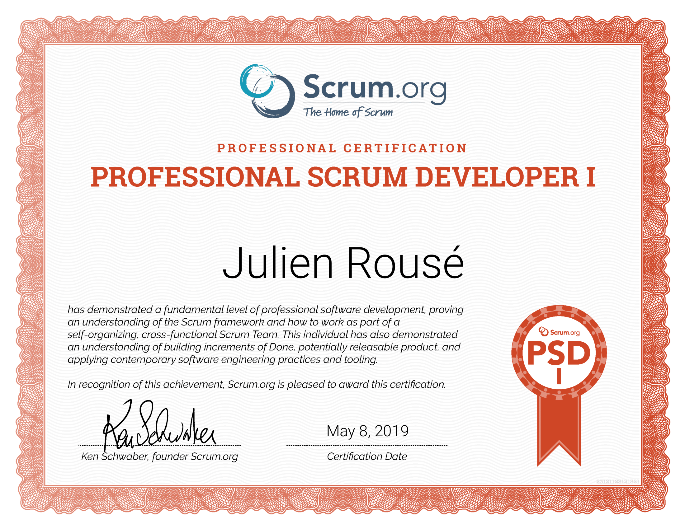 PSD1 certificate of Julien Rousé